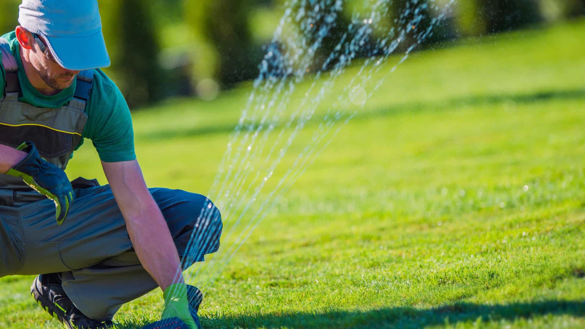 Sprinkler Head Adjustment and Lawn Watering irrigation technician adjusting sprinkler head on green lawn