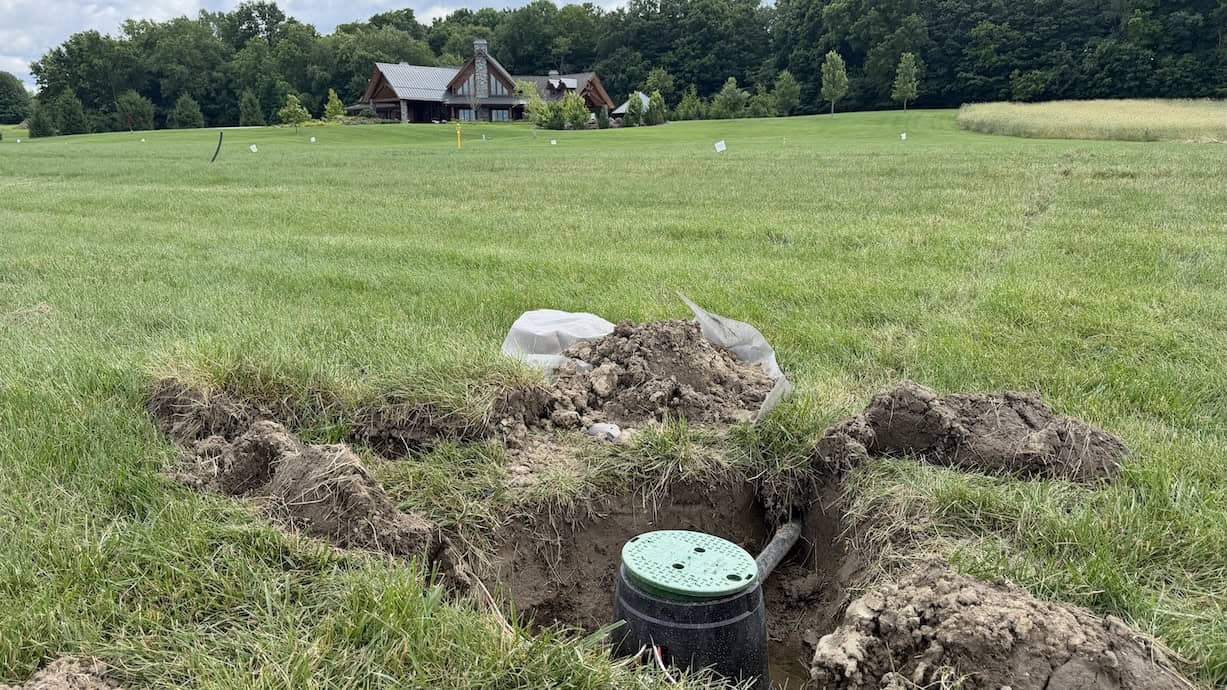 Sprinkler valve box installed during a new irrigation system installation in Grand Rapids, Michigan.